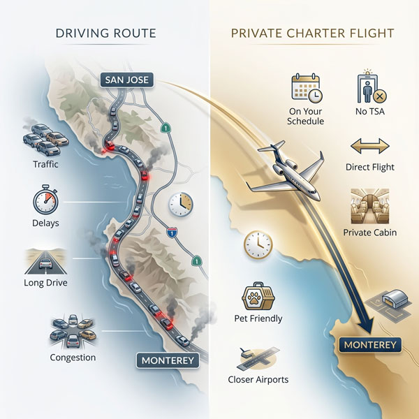 Private Charter Flights from San Jose to Monterey driving