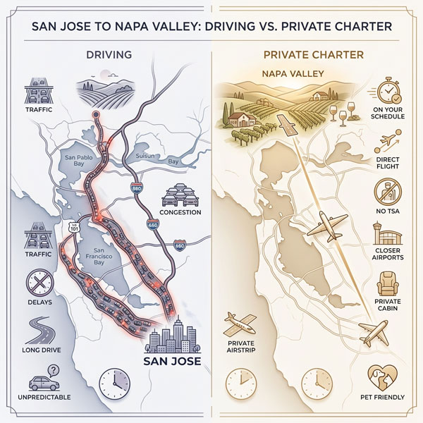 Private Charter Flights from San Jose to Napa Valley vs driving