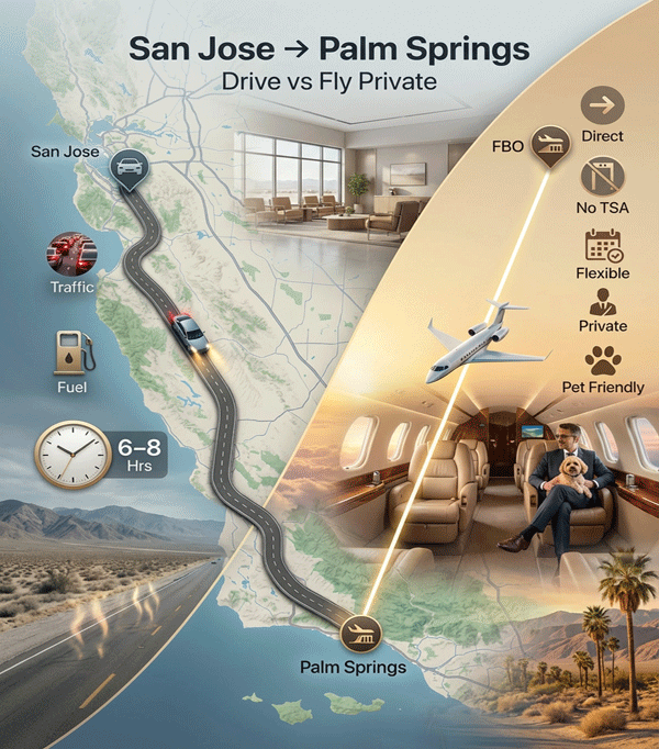 Private Charter Flights from San Jose to Palm Springs California vs drive