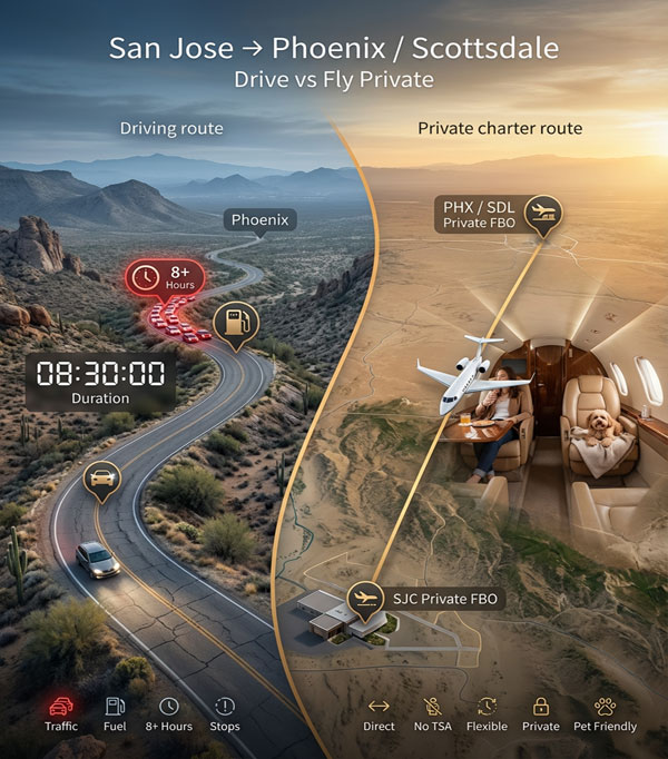 Private Charter Flights from San Jose to Phoenix and Scottsdale vs drive