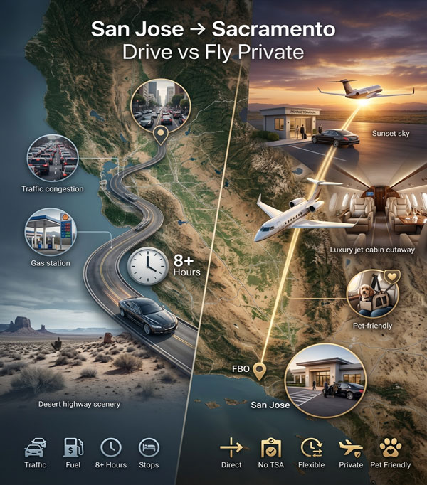 Private Charter Flights from San Jose to Sacramento vs drive