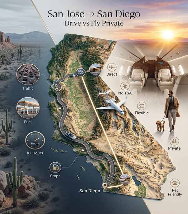 Private Charter Flights from San Jose to San Diego vs drive