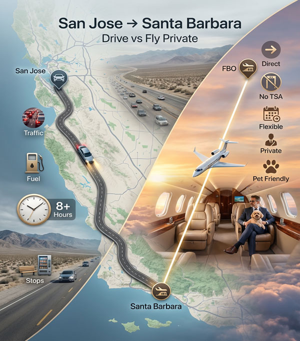 Private Charter Flights from San Jose to Santa Barbara vs drive