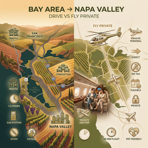 Private Charter Flights from the Bay Area to Napa Valley vs drive