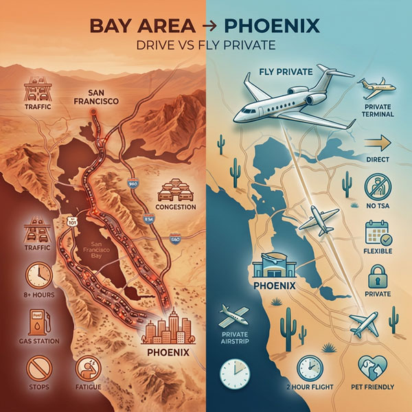 Private Charter Flights from the Bay Area to Phoenix vs drive