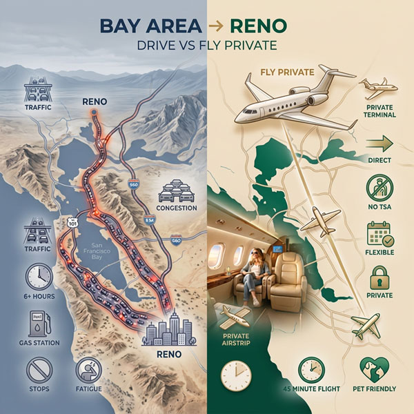 Private Charter Flights from the Bay Area to Reno vs drive