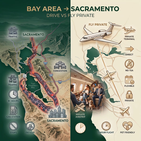 Private Charter Flights from the Bay Area to Sacramento vs drive