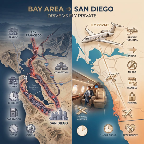 Private Charter Flights from the Bay Area to San Diego vs drive