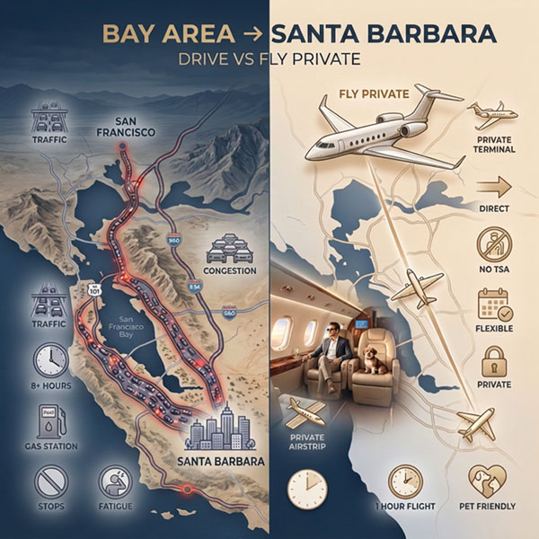 Private Charter Flights from the Bay Area to Santa Barbara vs drive